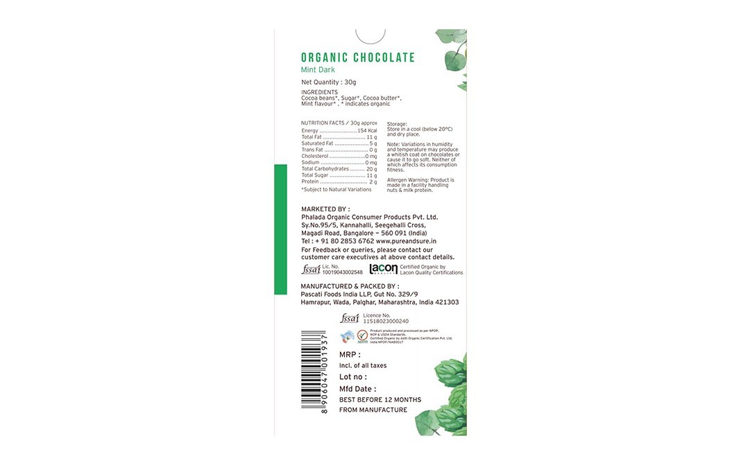 Pure & Sure Organic Chocolate Mint Dark    Pack  30 grams